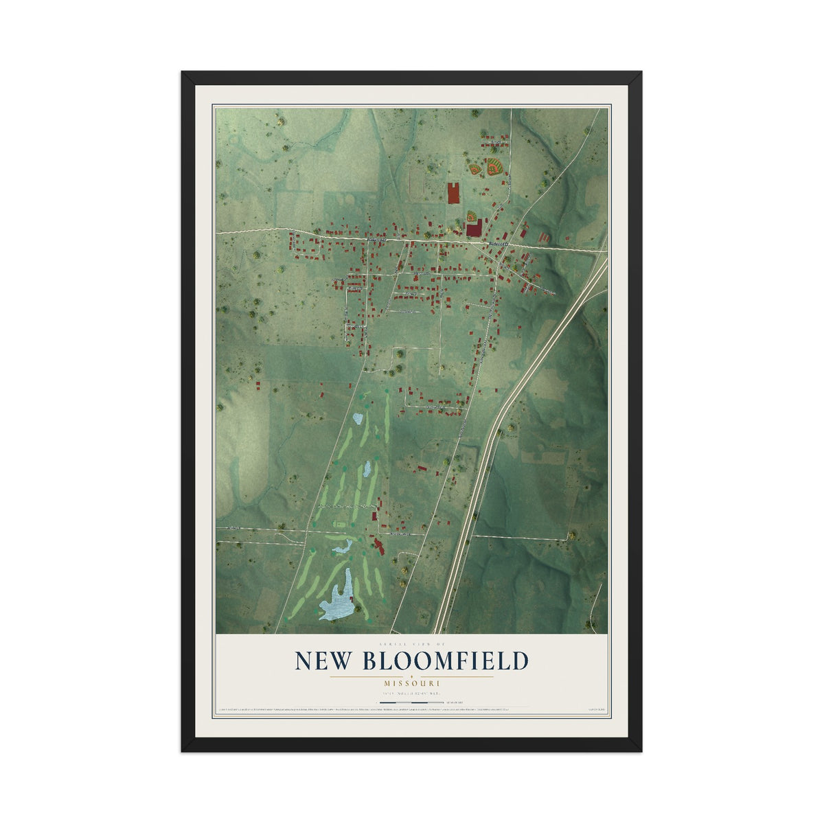 Map of New Bloomfield, Missouri, 12 x 18 inch print in a black wood frame