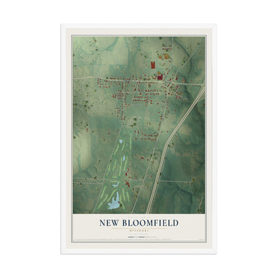 Map of New Bloomfield, Missouri, 12 x 18 inch print in a white wood frame