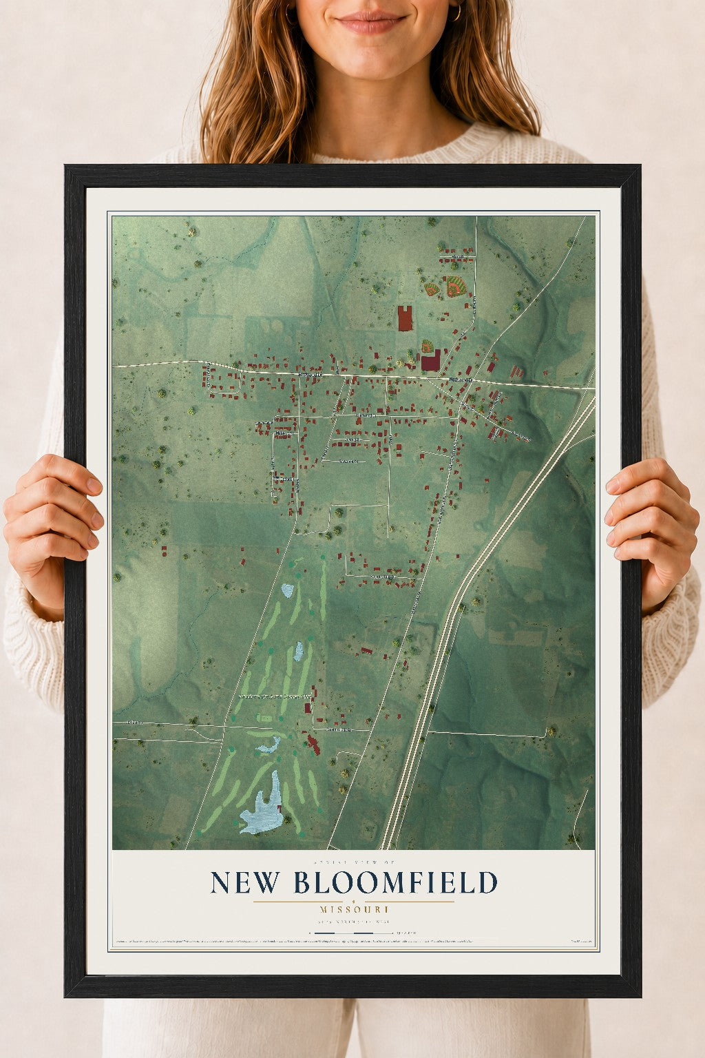 Map of New Bloomfield, Missouri, 18 x 24 inch print in a black wood frame