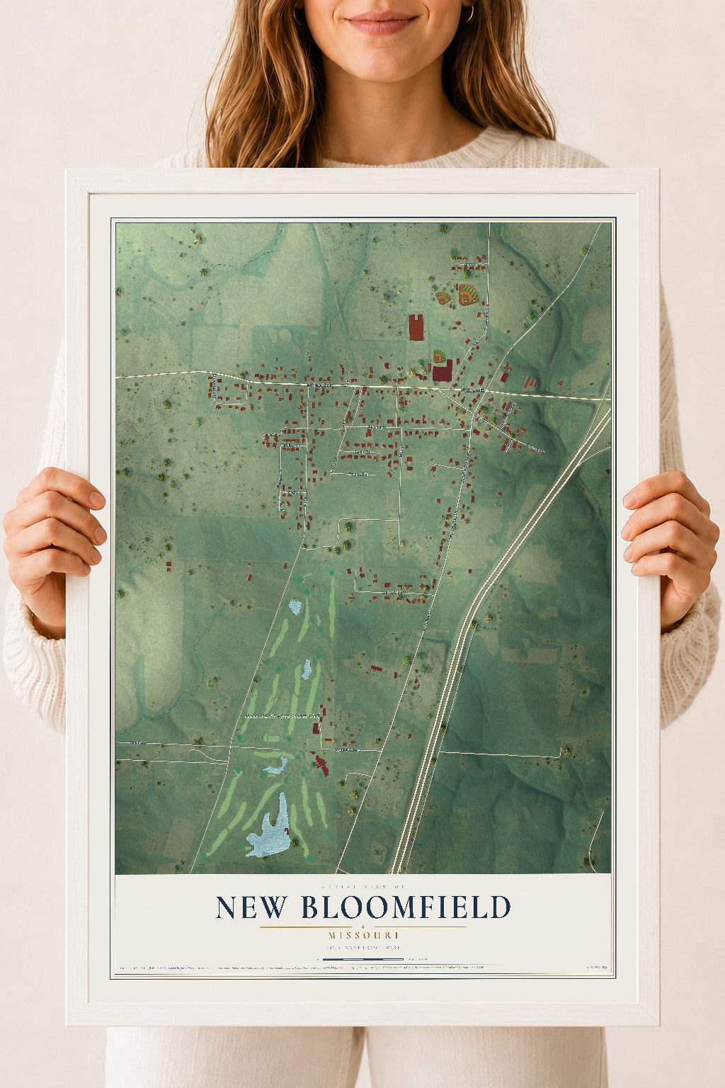 Map of New Bloomfield, Missouri, 18 x 24 inch print in a white wood frame