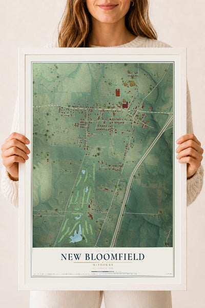 Map of New Bloomfield, Missouri, 18 x 24 inch print in a white wood frame