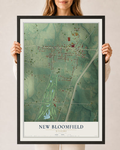 Map of New Bloomfield, Missouri, 24 x 36 inch print in a black wood frame