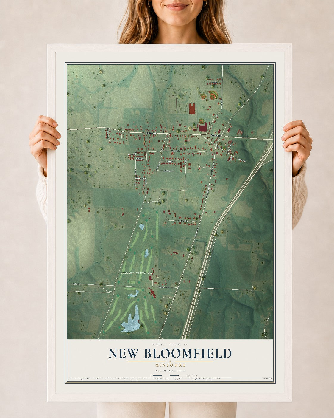 Map of New Bloomfield, Missouri, 24 x 36 inch print in a white wood frame