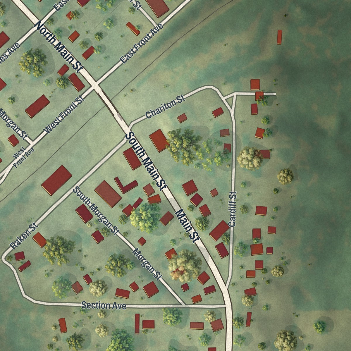 Close-up of the map of New Cambria, Missouri print showing street and building detail