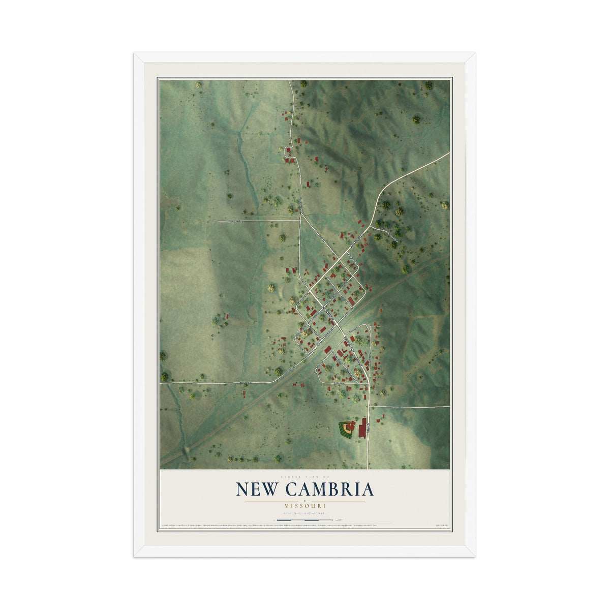 Map of New Cambria, Missouri, 12 x 18 inch print in a white wood frame