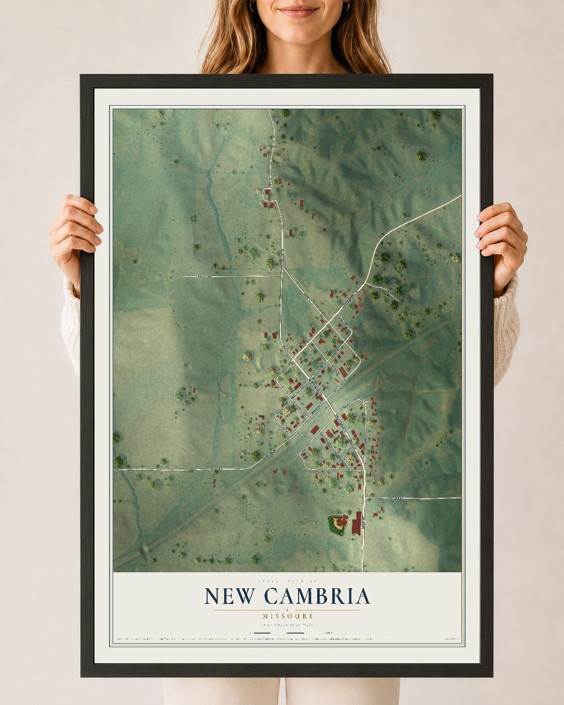 Map of New Cambria, Missouri, 24 x 36 inch print in a black wood frame
