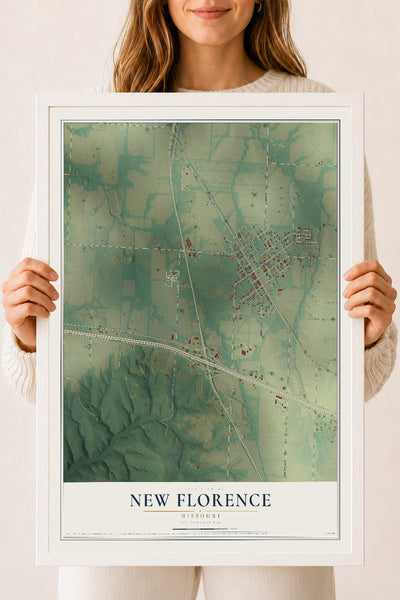 Map of New Florence, Missouri, 18 x 24 inch print in a white wood frame