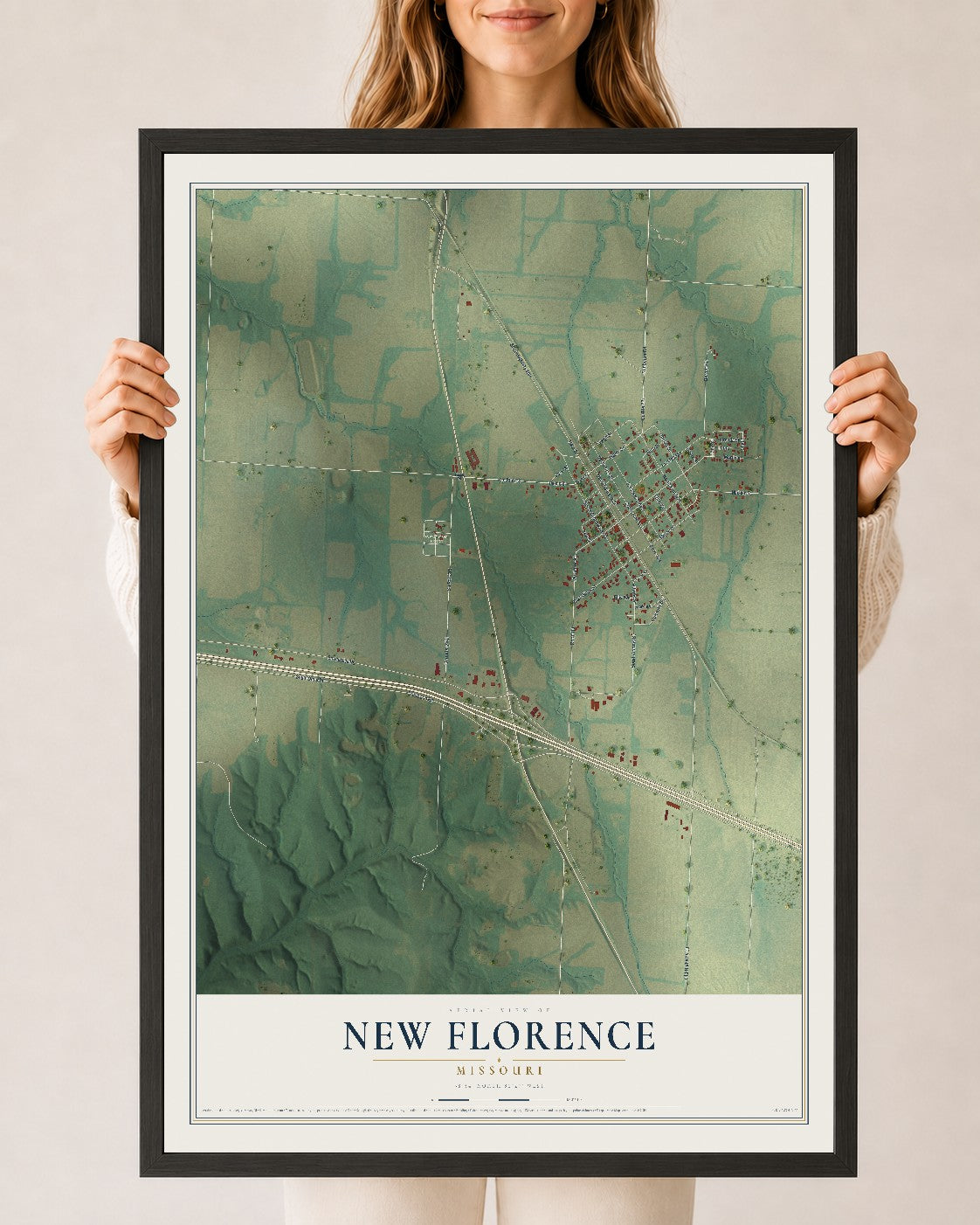 Map of New Florence, Missouri, 24 x 36 inch print in a black wood frame