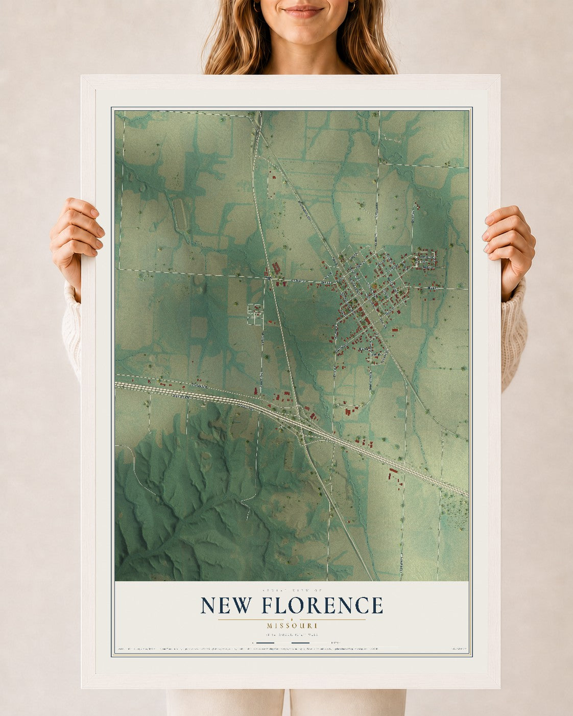Map of New Florence, Missouri, 24 x 36 inch print in a white wood frame