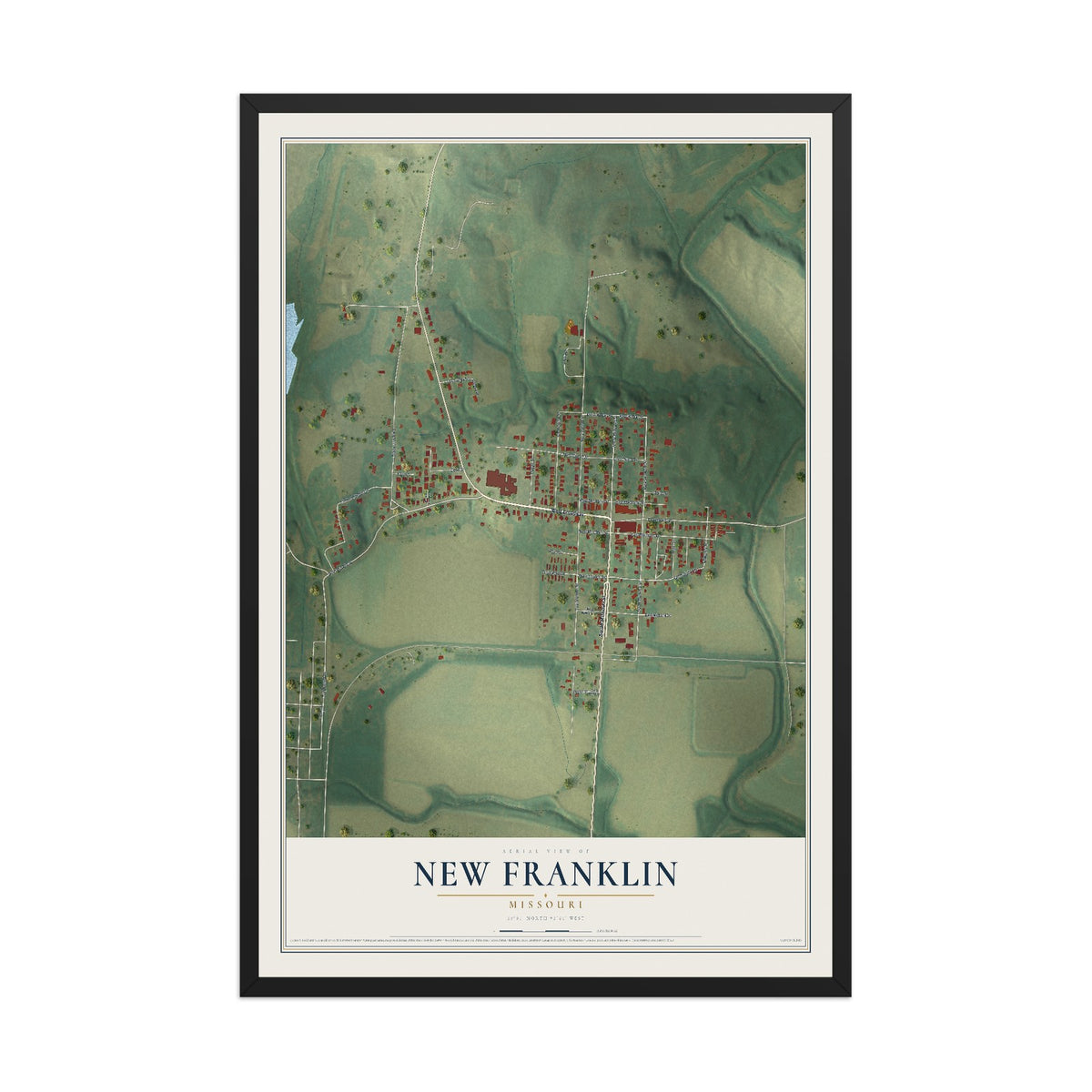 Map of New Franklin, Missouri, 12 x 18 inch print in a black wood frame