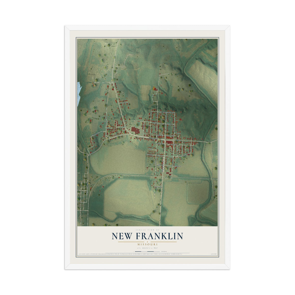Map of New Franklin, Missouri, 12 x 18 inch print in a white wood frame