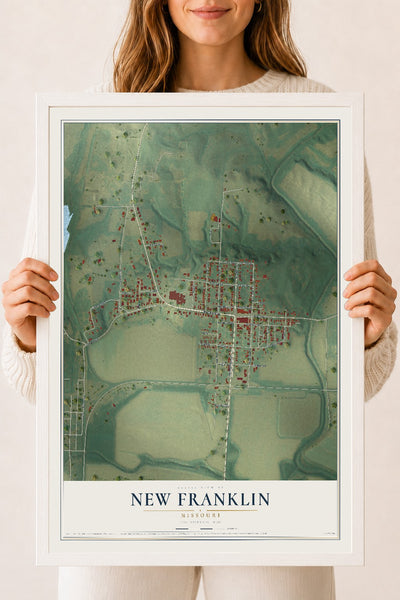 Map of New Franklin, Missouri, 18 x 24 inch print in a white wood frame