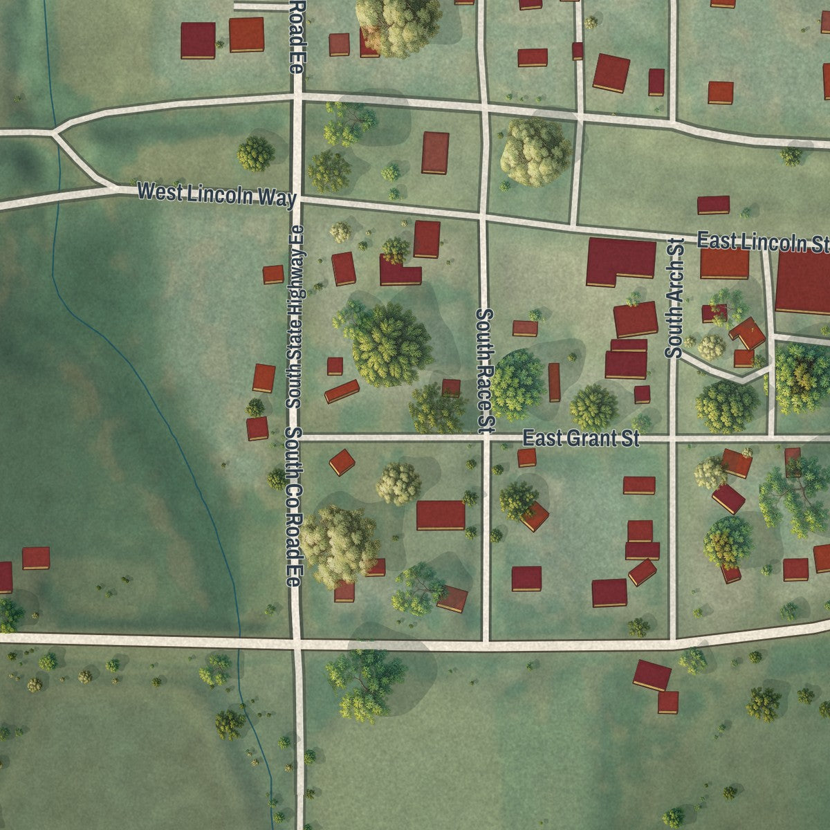 Close-up of the map of New Hampton, Missouri print showing street and building detail