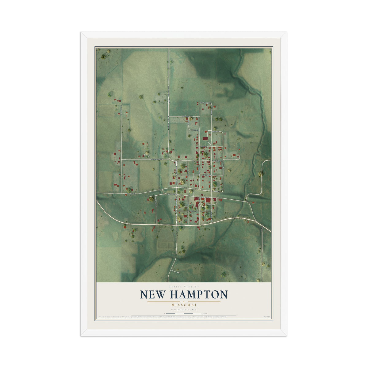 Map of New Hampton, Missouri, 12 x 18 inch print in a white wood frame