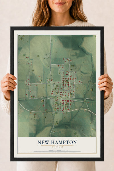 Map of New Hampton, Missouri, 18 x 24 inch print in a black wood frame