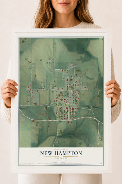Map of New Hampton, Missouri, 18 x 24 inch print in a white wood frame