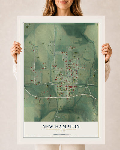 Map of New Hampton, Missouri, 24 x 36 inch print in a white wood frame