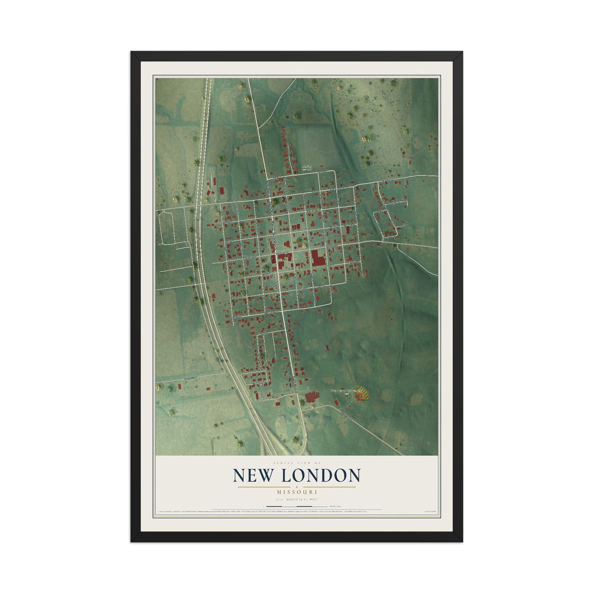 Map of New London, Missouri, 12 x 18 inch print in a black wood frame