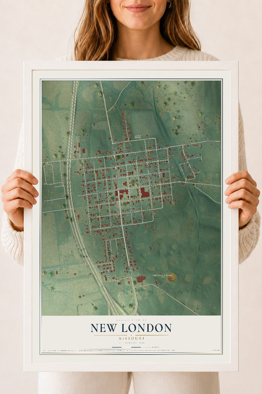 Map of New London, Missouri, 18 x 24 inch print in a white wood frame