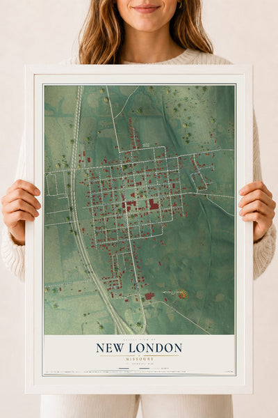 Map of New London, Missouri, 18 x 24 inch print in a white wood frame