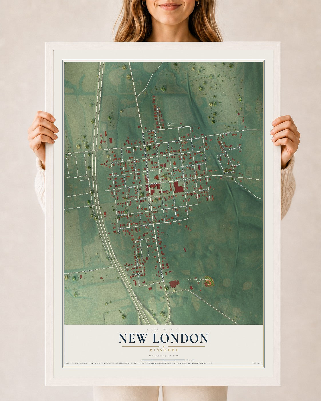 Map of New London, Missouri, 24 x 36 inch print in a white wood frame