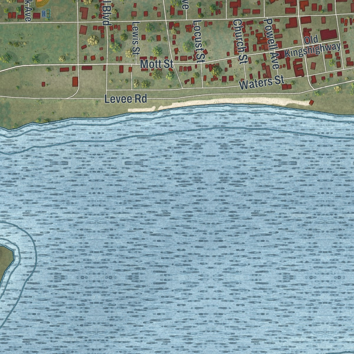 Close-up of the map of New Madrid, Missouri print showing street and building detail