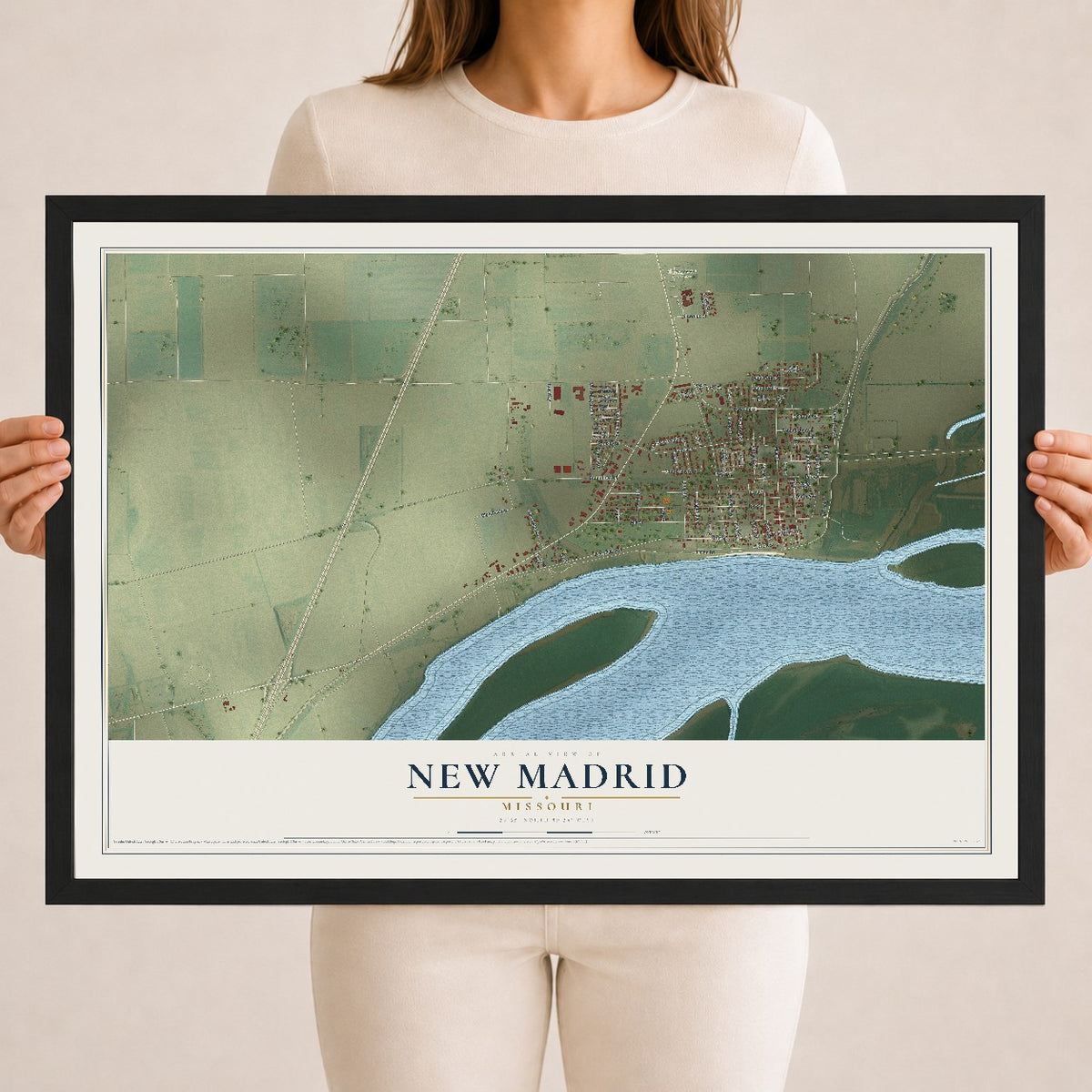 Map of New Madrid, Missouri, 18 x 24 inch print in a black wood frame