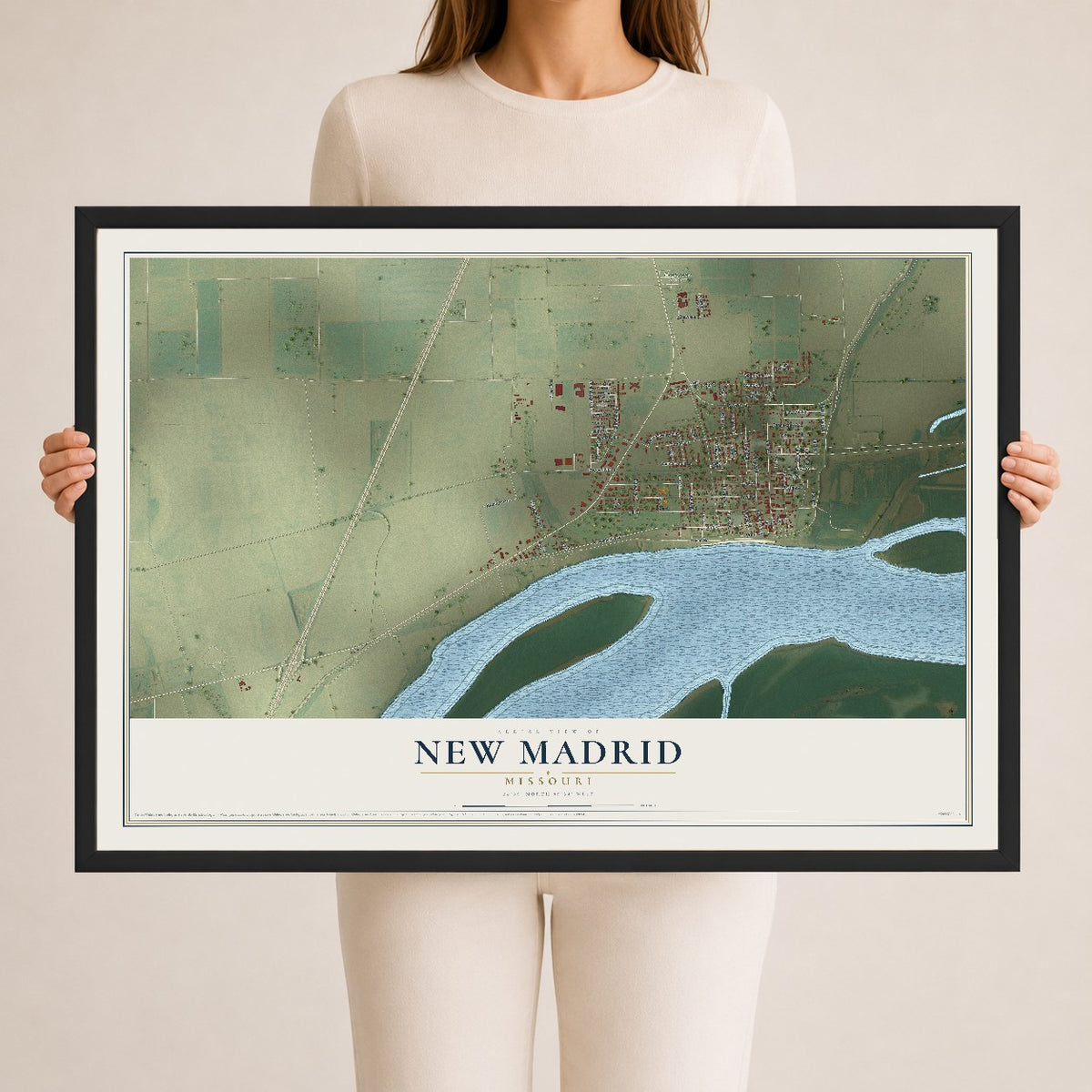 Map of New Madrid, Missouri, 24 x 36 inch print in a black wood frame