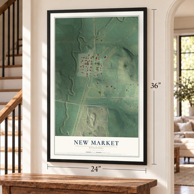 New Market, Missouri map, 24 x 36 inch print in a black frame by a staircase