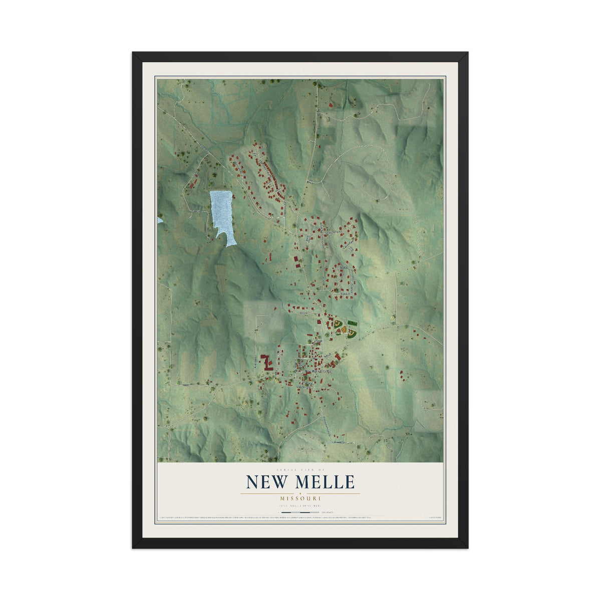 Map of New Melle, Missouri, 12 x 18 inch print in a black wood frame