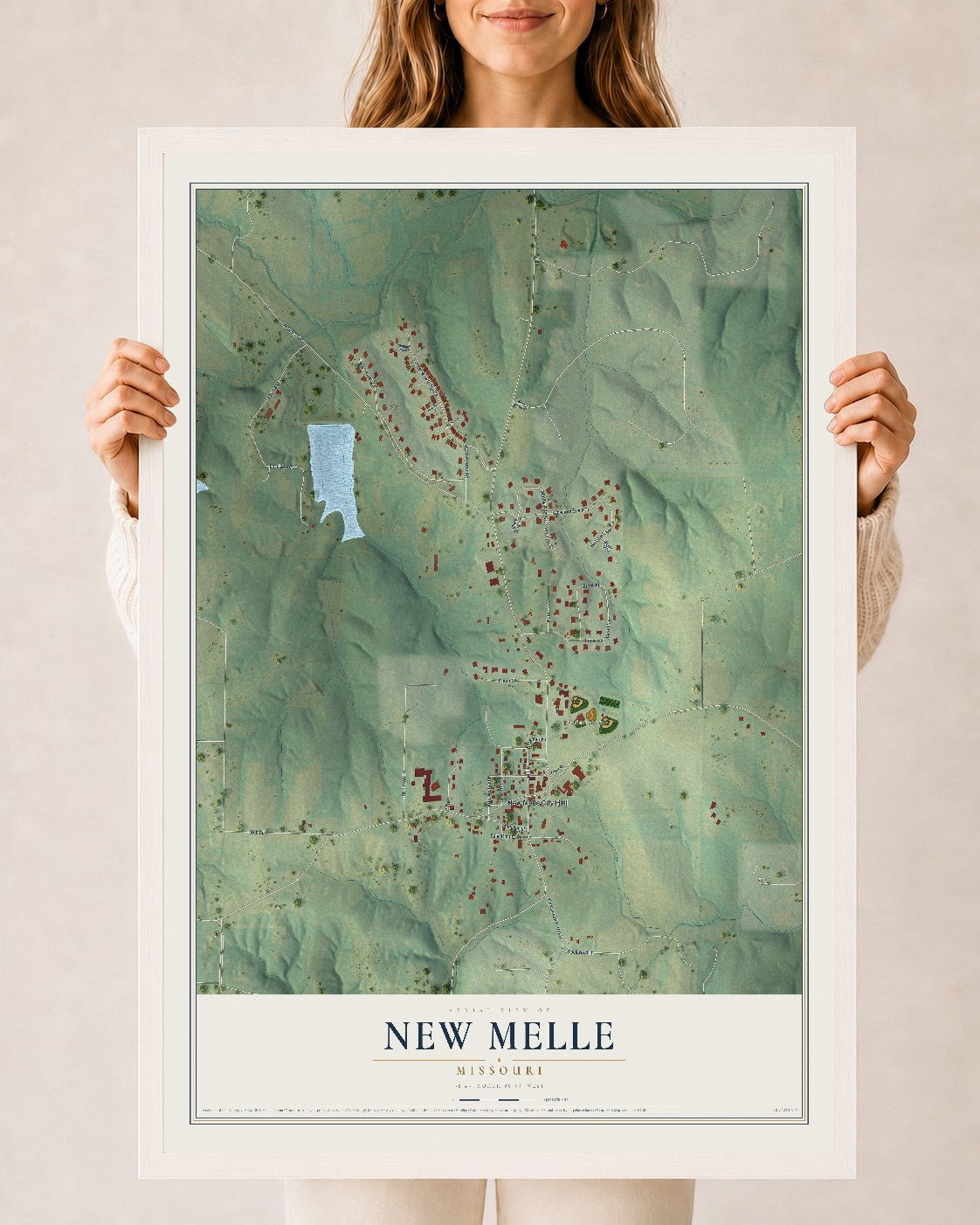 Map of New Melle, Missouri, 24 x 36 inch print in a white wood frame