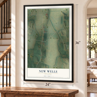 New Wells, Missouri map, 24 x 36 inch print in a black frame by a staircase