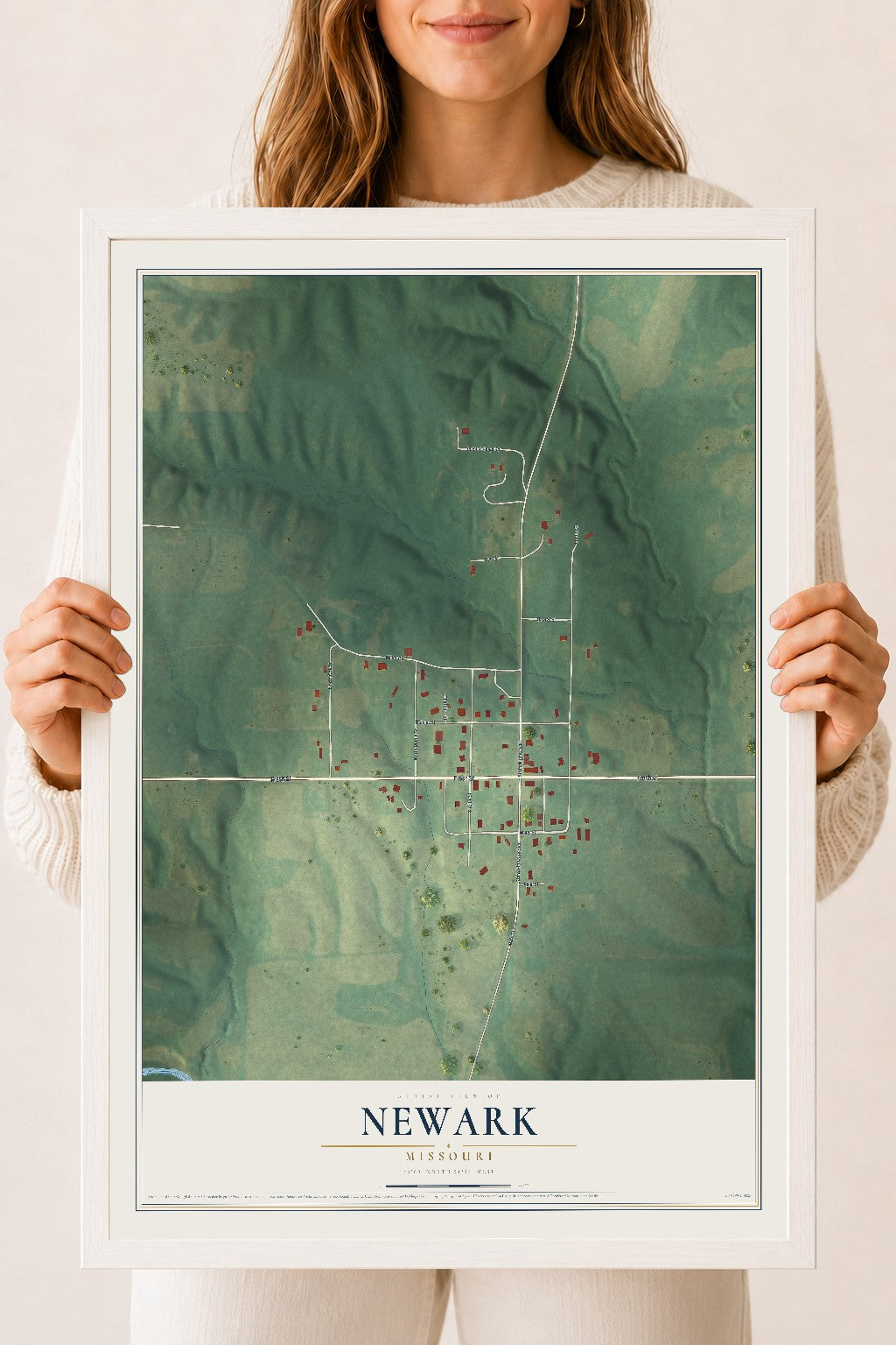 Map of Newark, Missouri, 18 x 24 inch print in a white wood frame