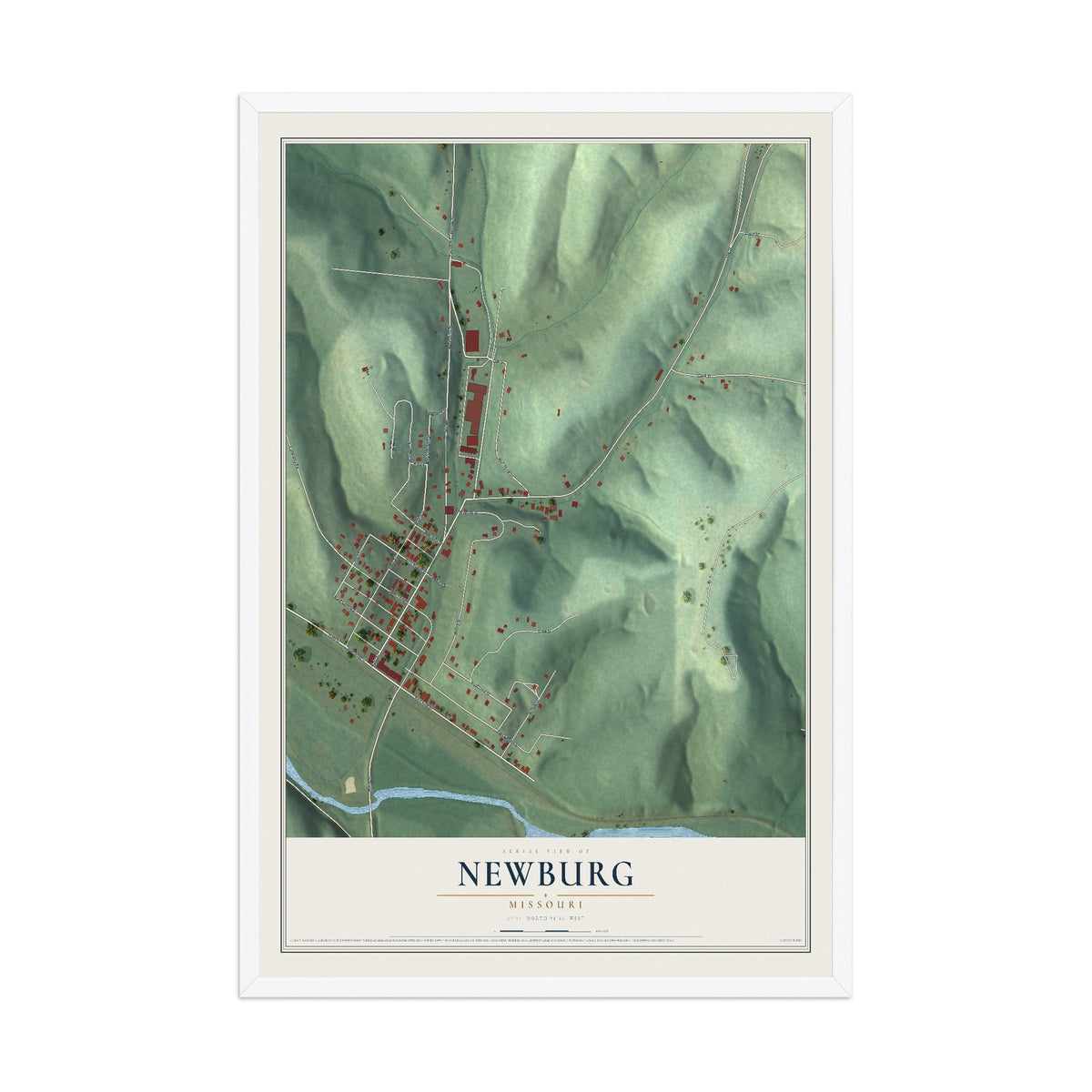 Map of Newburg, Missouri, 12 x 18 inch print in a white wood frame
