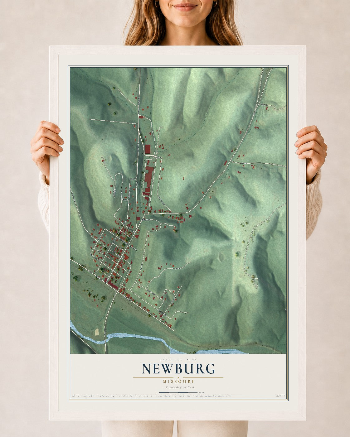Map of Newburg, Missouri, 24 x 36 inch print in a white wood frame