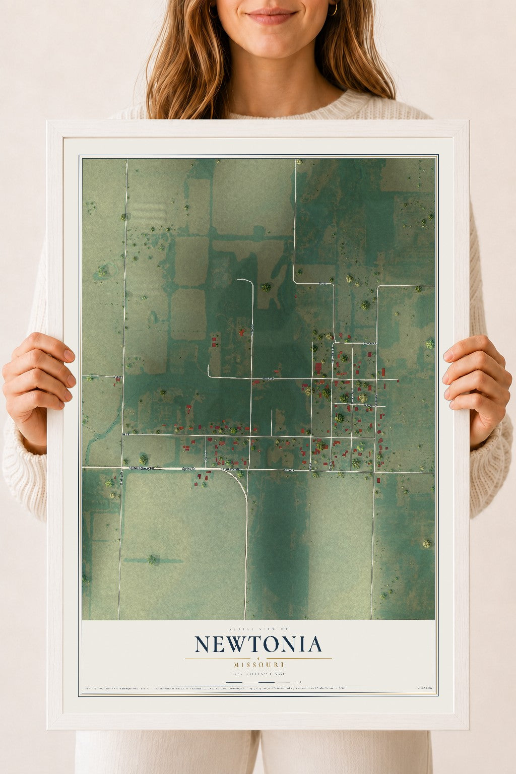Map of Newtonia, Missouri, 18 x 24 inch print in a white wood frame