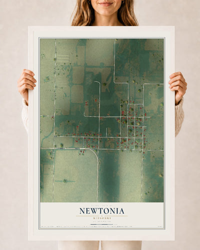 Map of Newtonia, Missouri, 24 x 36 inch print in a white wood frame
