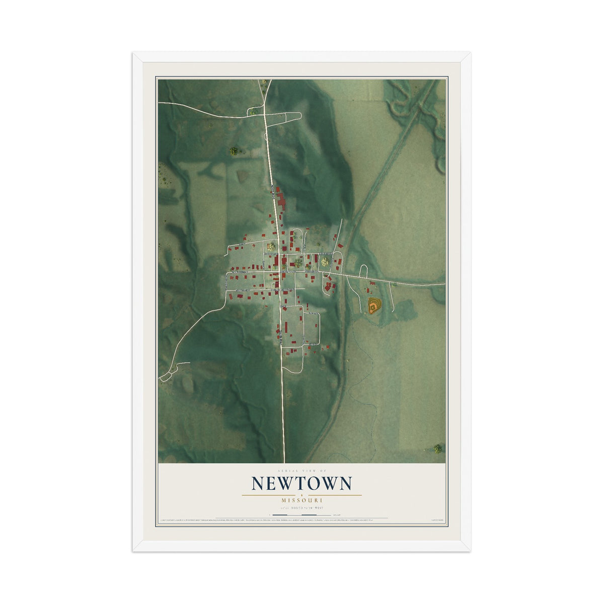 Map of Newtown, Missouri, 12 x 18 inch print in a white wood frame