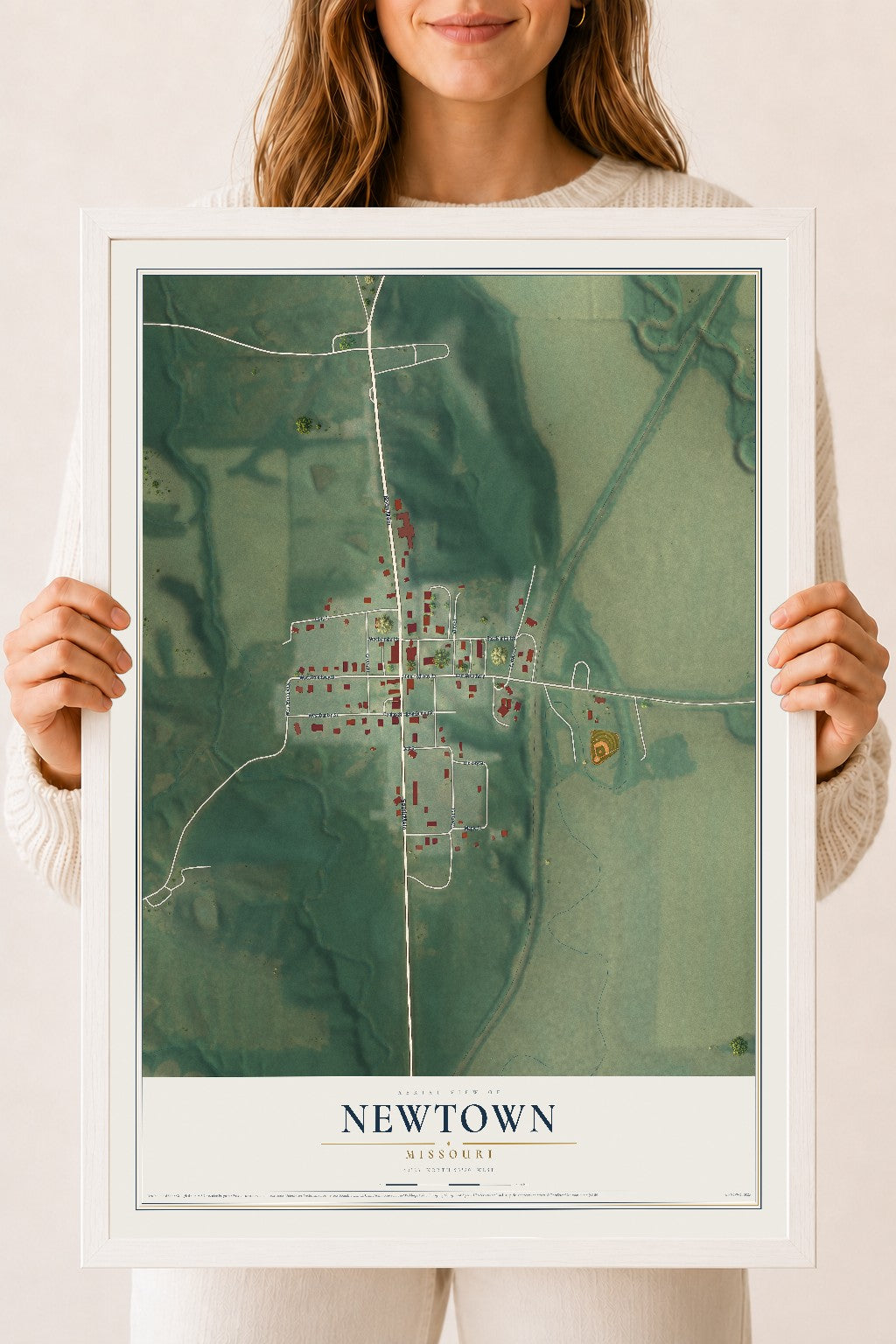 Map of Newtown, Missouri, 18 x 24 inch print in a white wood frame