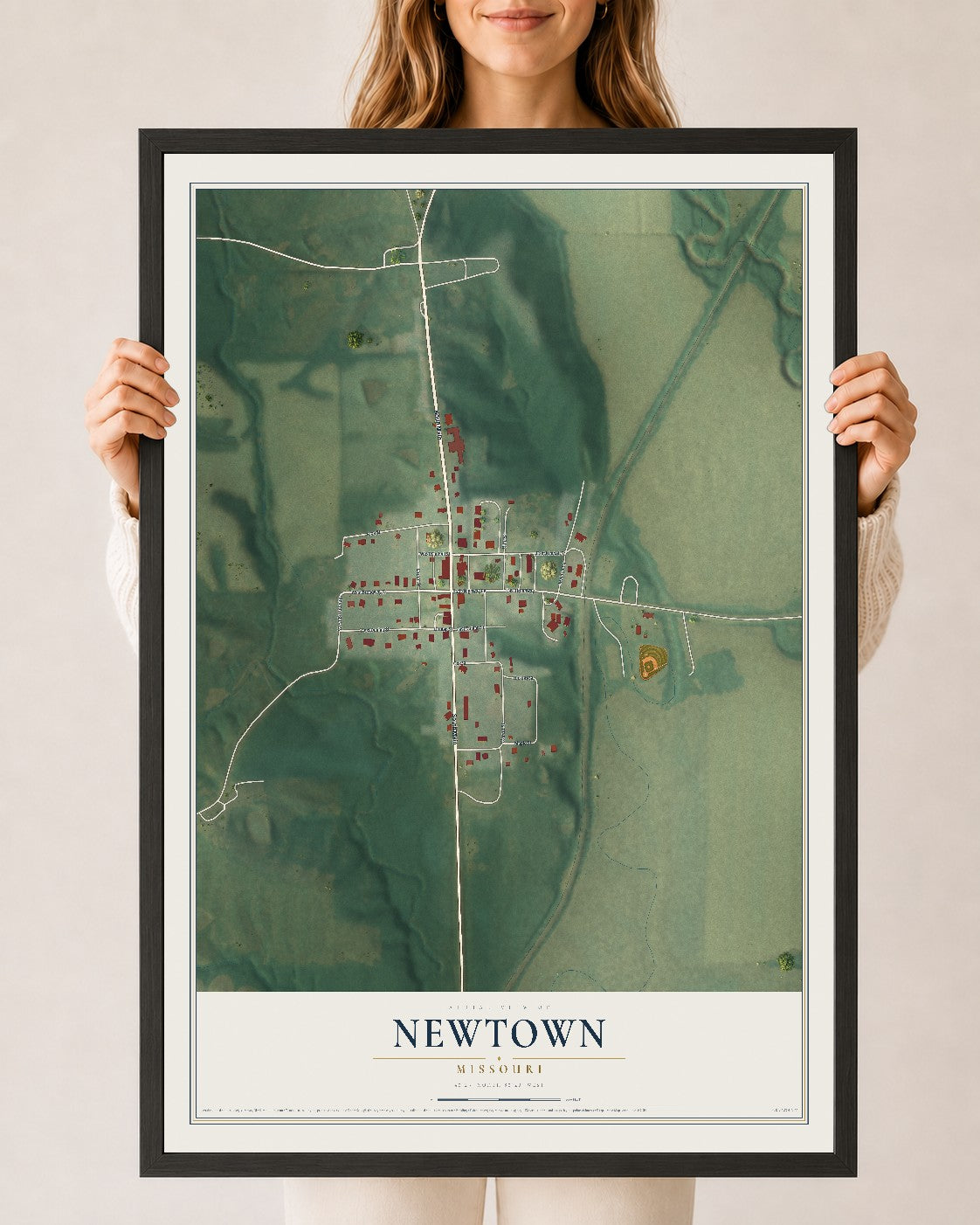 Map of Newtown, Missouri, 24 x 36 inch print in a black wood frame