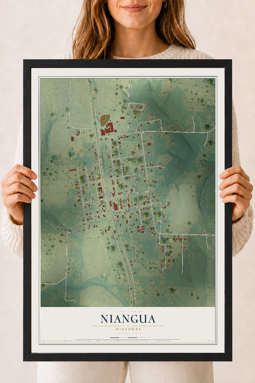 Map of Niangua, Missouri, 18 x 24 inch print in a black wood frame