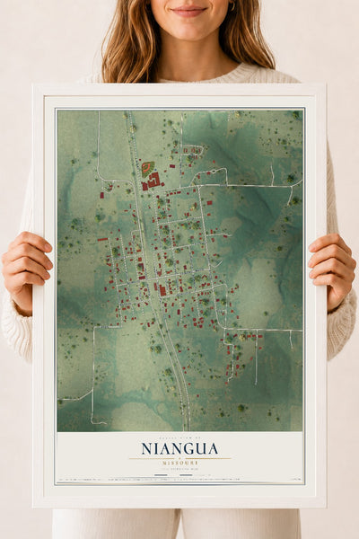 Map of Niangua, Missouri, 18 x 24 inch print in a white wood frame