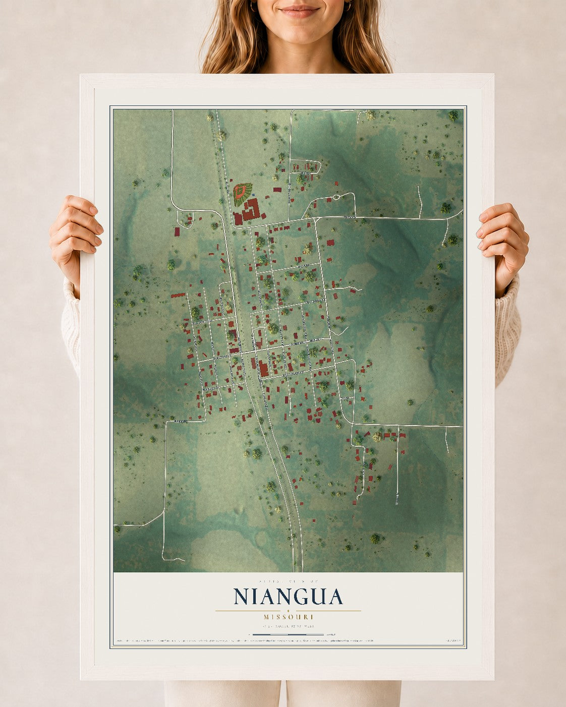 Map of Niangua, Missouri, 24 x 36 inch print in a white wood frame