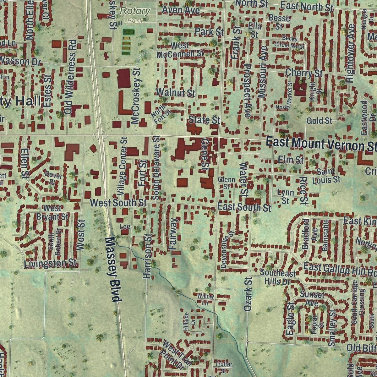 Close-up of the map of Nixa, Missouri print showing street and building detail