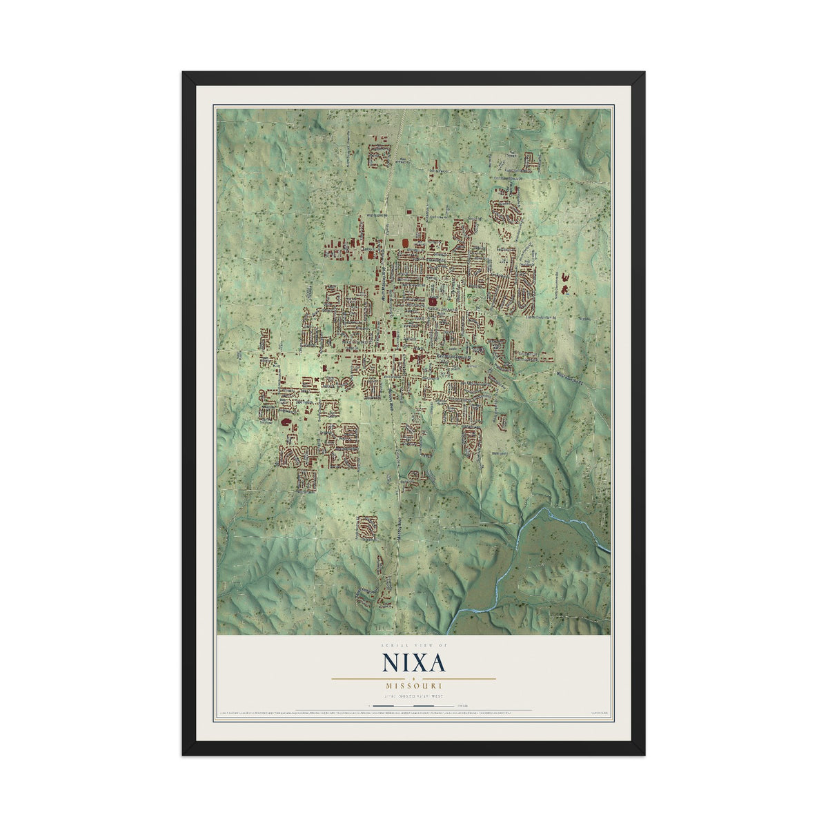 Map of Nixa, Missouri, 12 x 18 inch print in a black wood frame