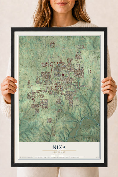 Map of Nixa, Missouri, 18 x 24 inch print in a black wood frame