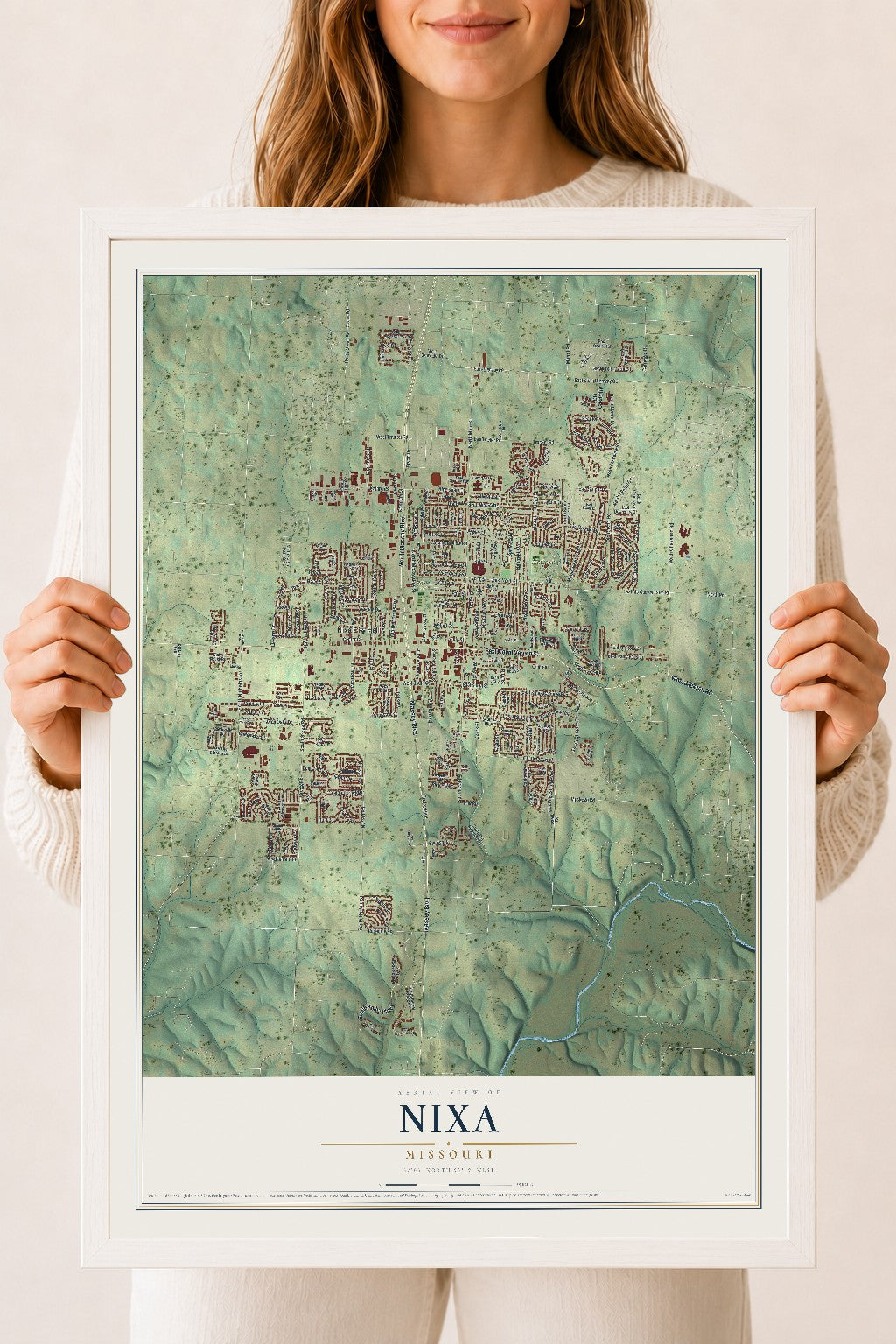 Map of Nixa, Missouri, 18 x 24 inch print in a white wood frame