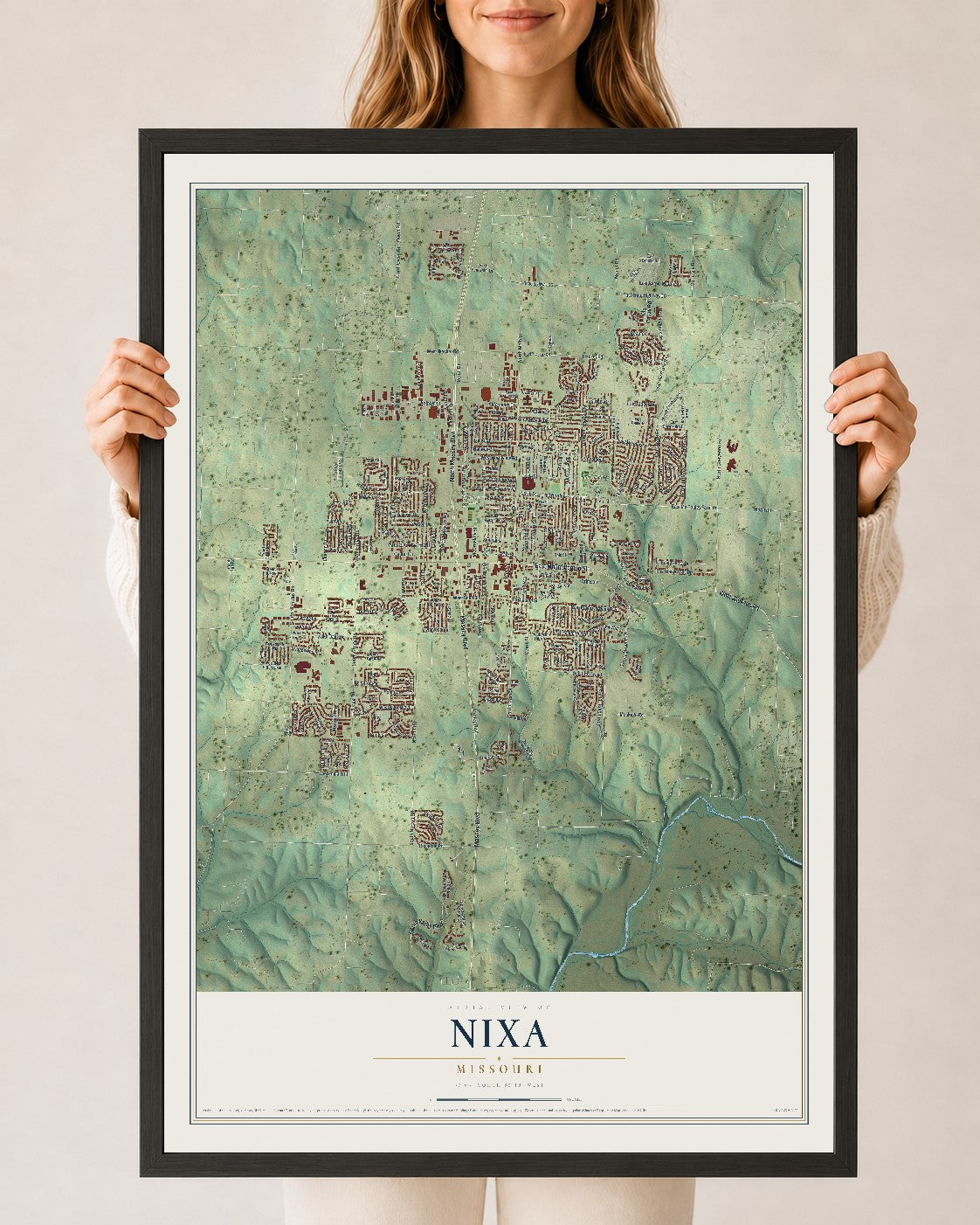Map of Nixa, Missouri, 24 x 36 inch print in a black wood frame