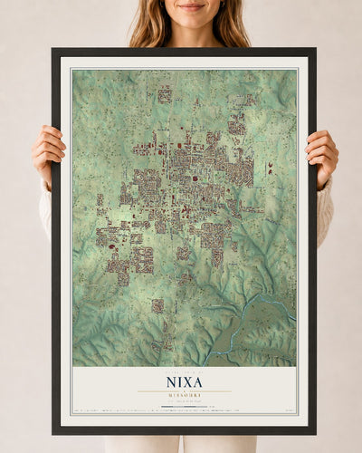 Map of Nixa, Missouri, 24 x 36 inch print in a black wood frame
