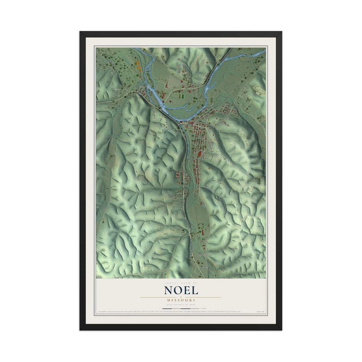 Map of Noel, Missouri, 12 x 18 inch print in a black wood frame